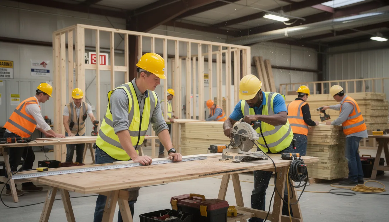 A group of students wearing hard hats collaborates in a construction training facility, surrounded by lumber and power tools, gaining hands-on experience essential for a career in construction. This practical training supports their education in construction management and prepares them for various construction projects.