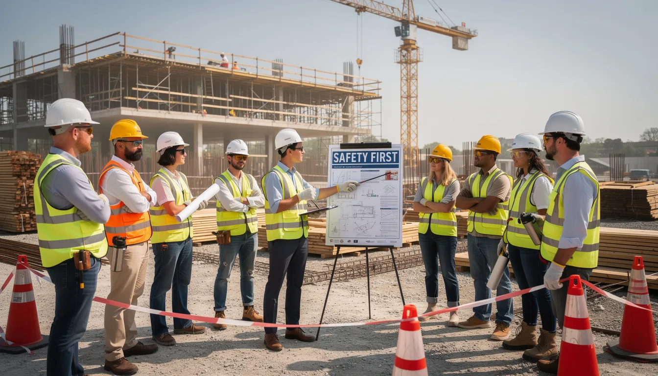 A group of construction workers is gathered around a supervisor for a safety meeting on a construction site, discussing important protocols for their ongoing projects. This gathering highlights the focus on safety and education in the construction industry, essential for skilled workers and future careers in construction.