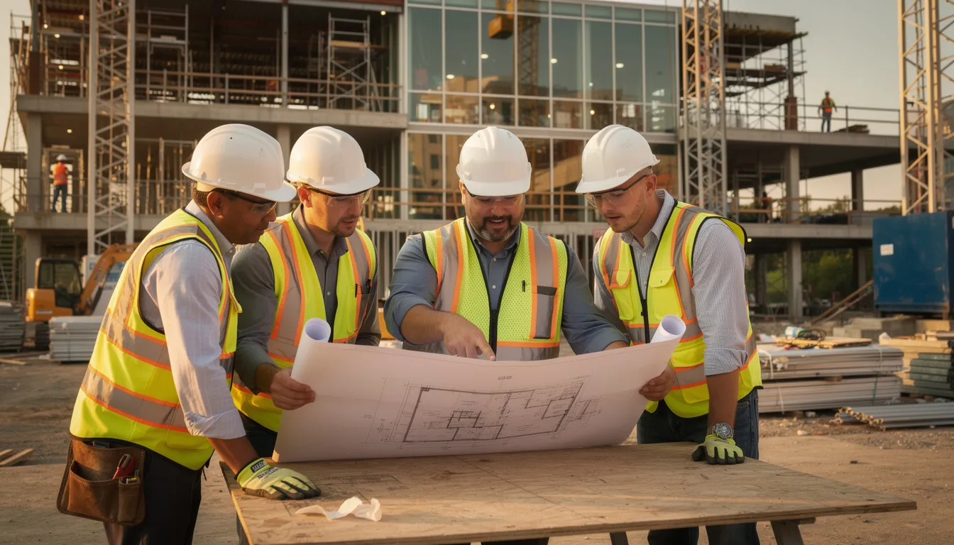 A construction superintendent is actively reviewing plans with team members on a busy commercial job site, demonstrating effective communication skills and teamwork skills as they collaborate to ensure project success. The scene highlights the importance of leadership skills and positive body language in fostering a strong team dynamic.