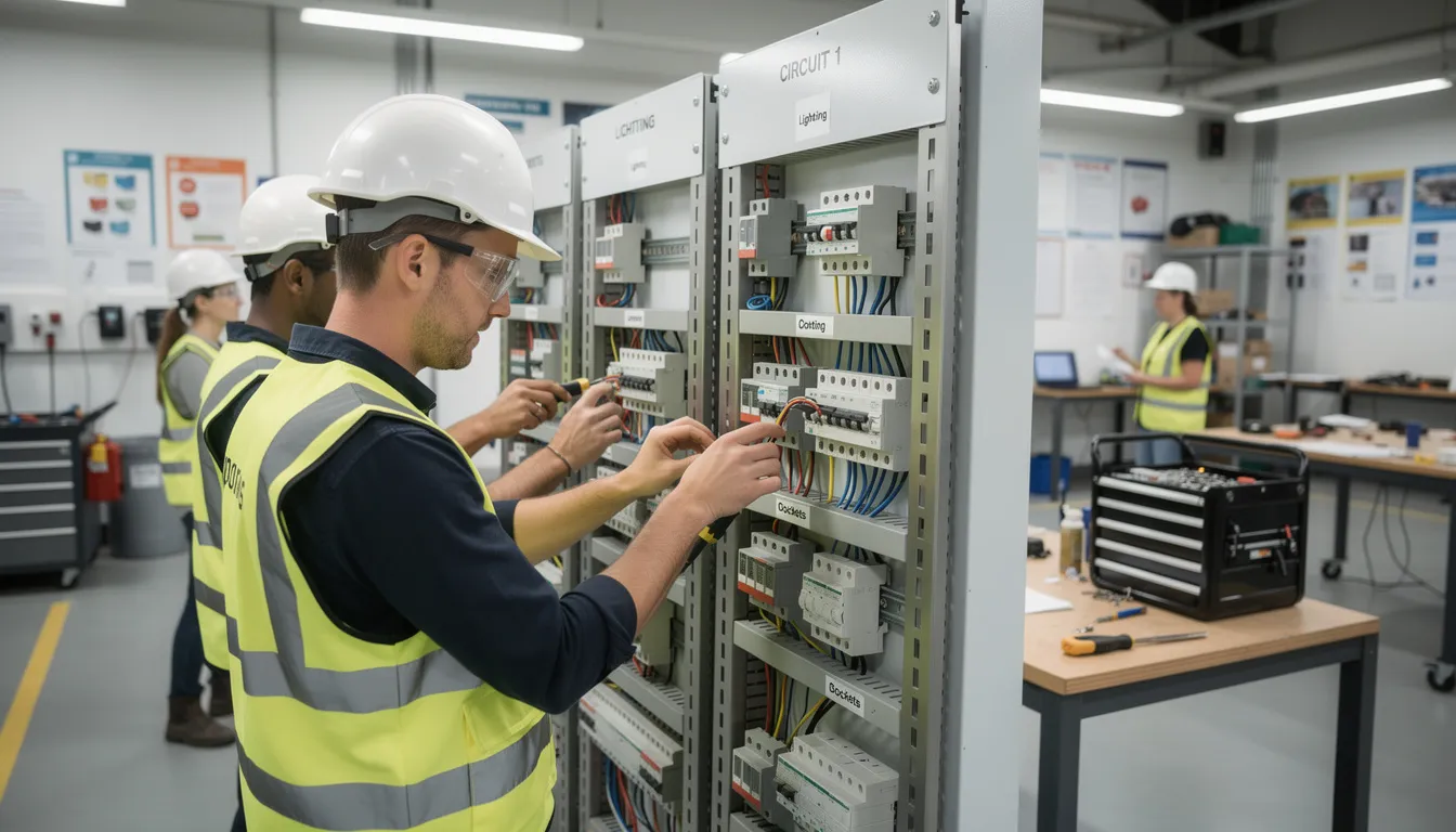 A group of construction students is practicing electrical wiring on training boards in a technical education lab, gaining hands-on experience essential for their future careers in the construction industry. This practical training helps them develop critical skills needed for various construction trades and prepares them for successful completion of their construction management program.
