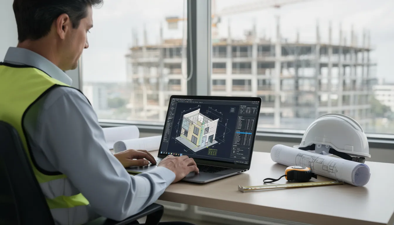 A construction estimator is focused on their laptop, analyzing digital blueprints that display intricate designs and details. This scene highlights the importance of technical skills and effective communication in improving teamwork and overall team performance within the construction industry.