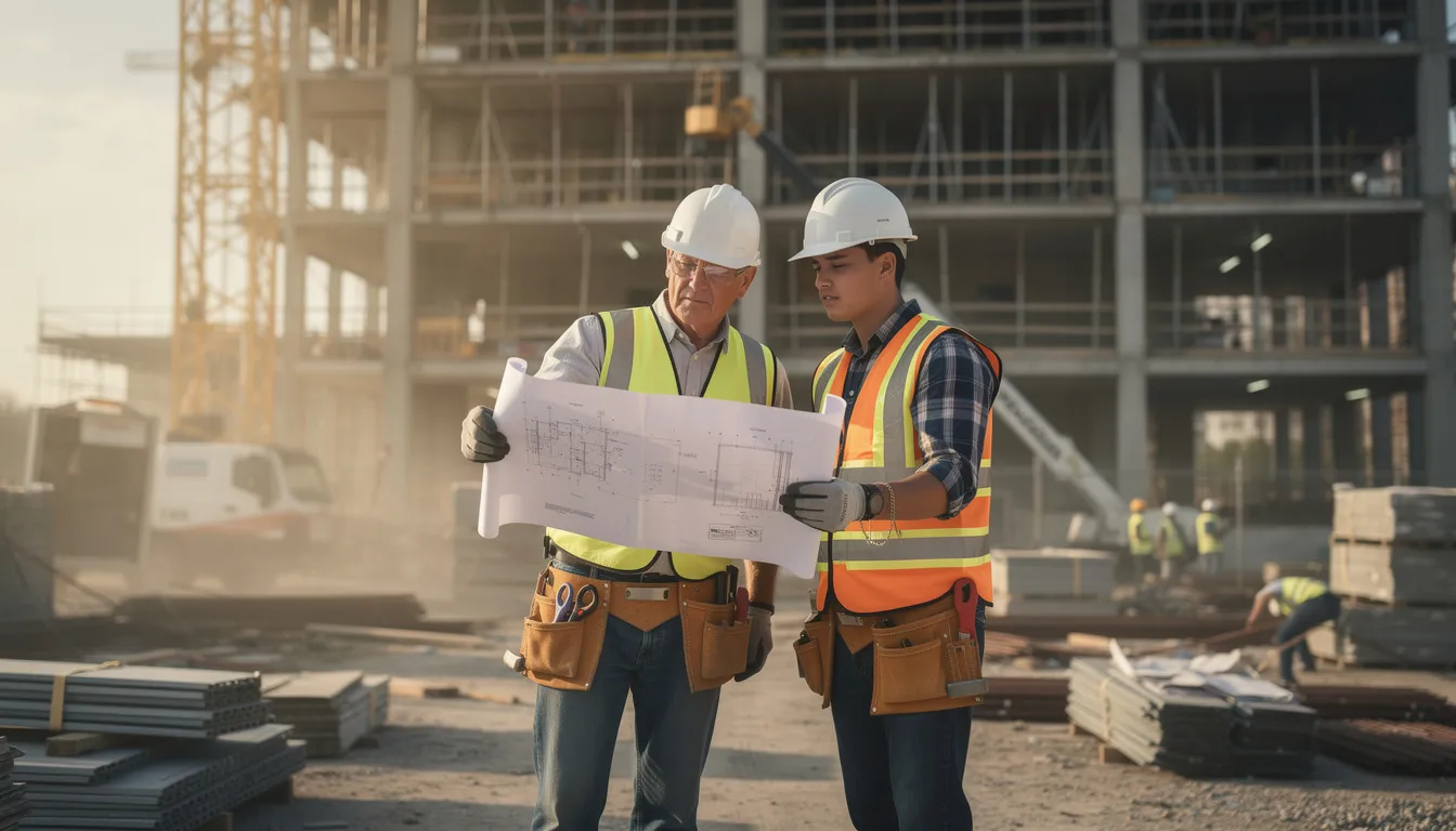 An experienced construction worker is guiding a younger worker on an active building site, emphasizing essential skills and safety practices crucial for a successful career in the construction industry. The scene highlights hands-on training and mentorship, reflecting the importance of practical experience in construction education and project management.