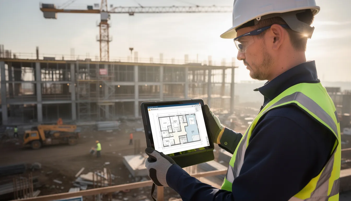 A construction worker is using a tablet to review digital blueprints on a busy construction site, showcasing the integration of technology in the construction industry. This scene highlights the importance of skilled workers and modern tools in managing construction projects effectively.