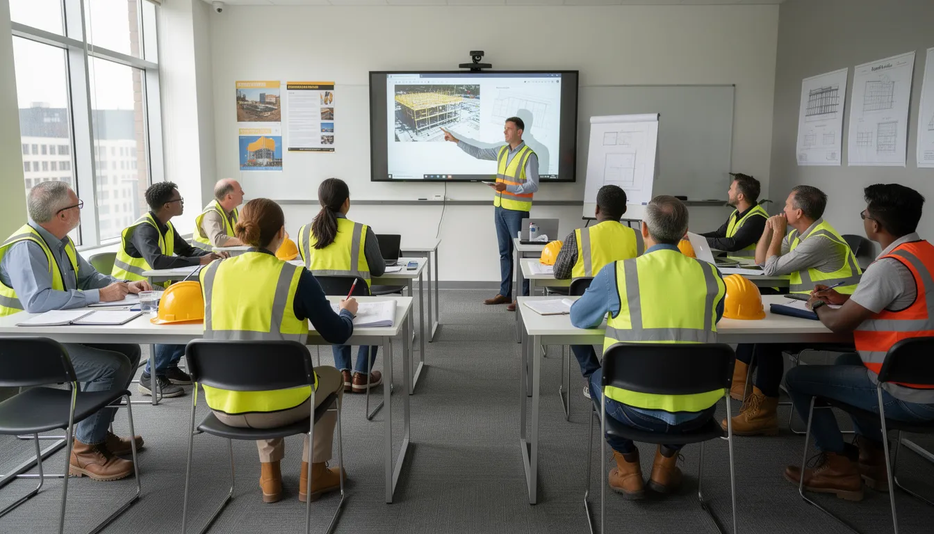 A group of construction professionals is engaged in a classroom training session, focusing on improving soft skills such as communication and teamwork. They are actively participating in discussions, demonstrating positive body language and effective communication styles to enhance their leadership skills and emotional intelligence.