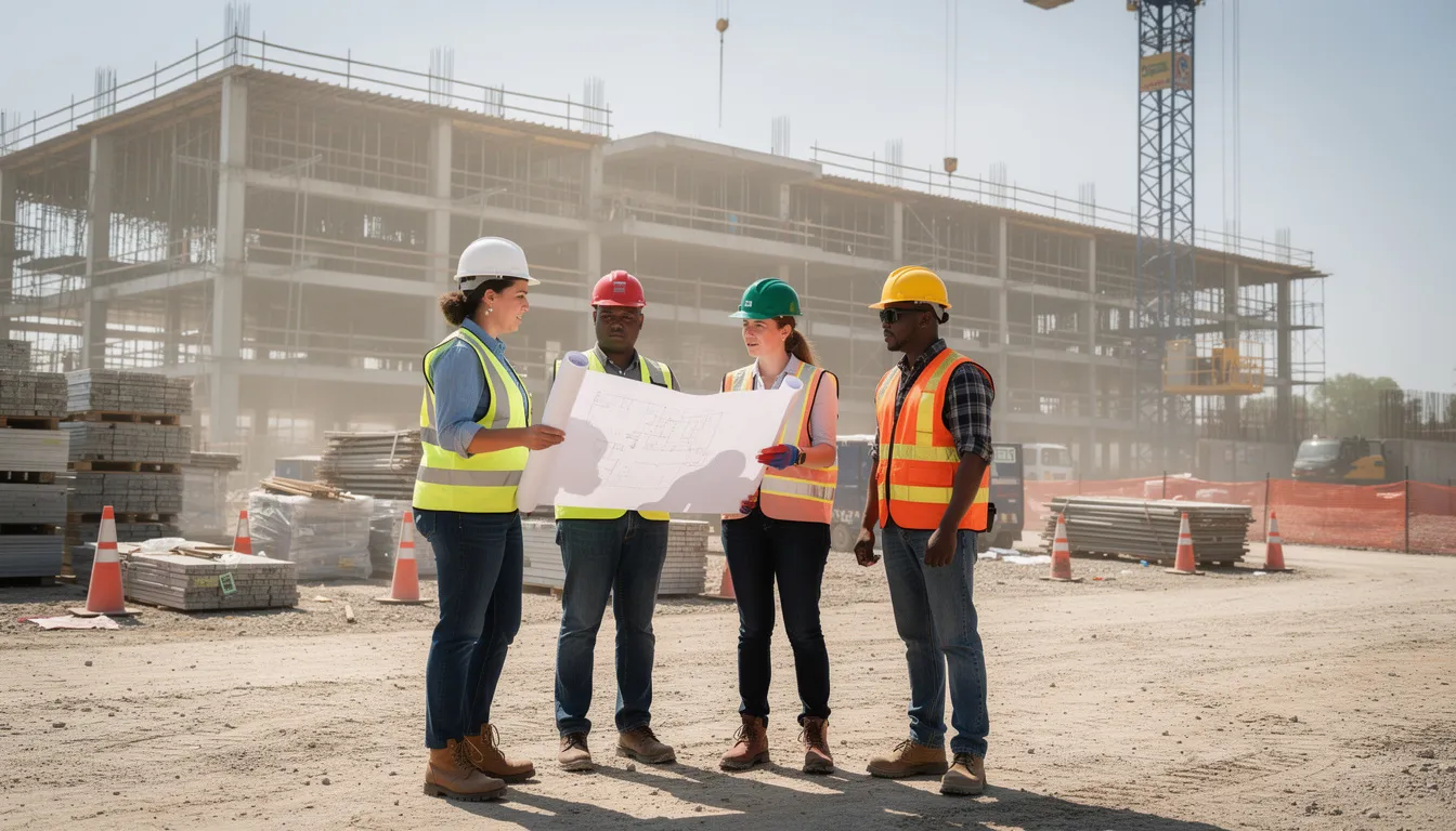 A female construction supervisor is actively discussing plans with her team on a job site, showcasing women working in the construction industry. This scene highlights the growing presence of female construction workers in a traditionally male-dominated field, emphasizing teamwork and project management on the construction project.