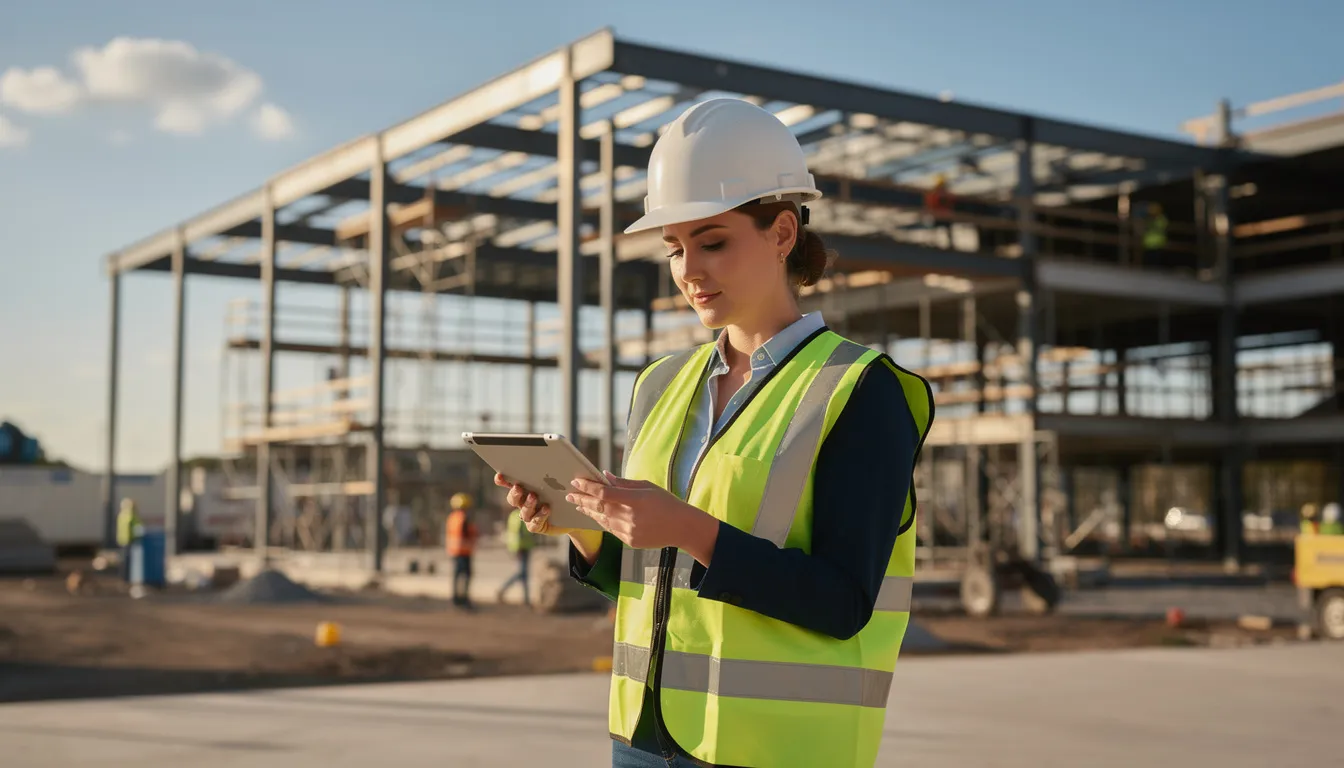 A woman wearing a safety vest and hard hat is reviewing a digital tablet on a construction site, exemplifying the role of female construction workers in the male-dominated industry. She represents the growing presence of women in construction, contributing to project management and the diverse workforce within the construction sector.