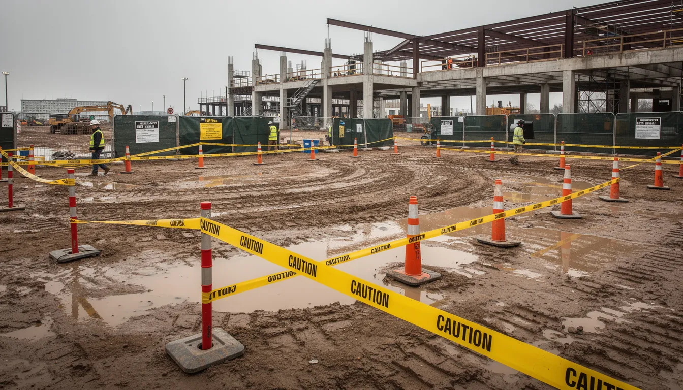 The image depicts a muddy construction site during winter, with areas clearly taped off for safety to prevent slips and falls. Construction workers are advised to wear appropriate clothing and personal protective equipment to combat cold weather risks and maintain safety in these challenging conditions.