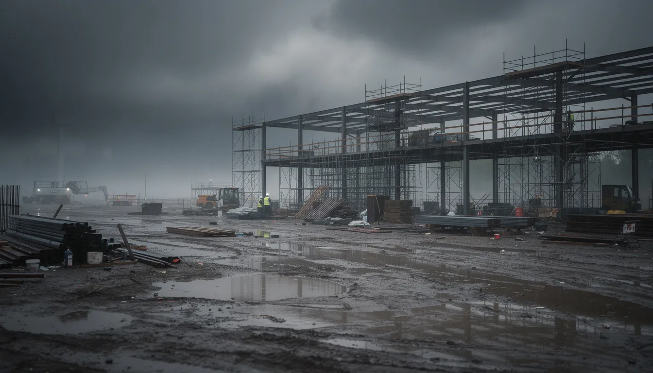 The image depicts a cold, wet construction site under dark clouds, highlighting the challenging winter weather conditions that construction workers face. Proper clothing, including waterproof boots and insulated gloves, is essential for maintaining safety and preventing cold stress in such a cold environment.