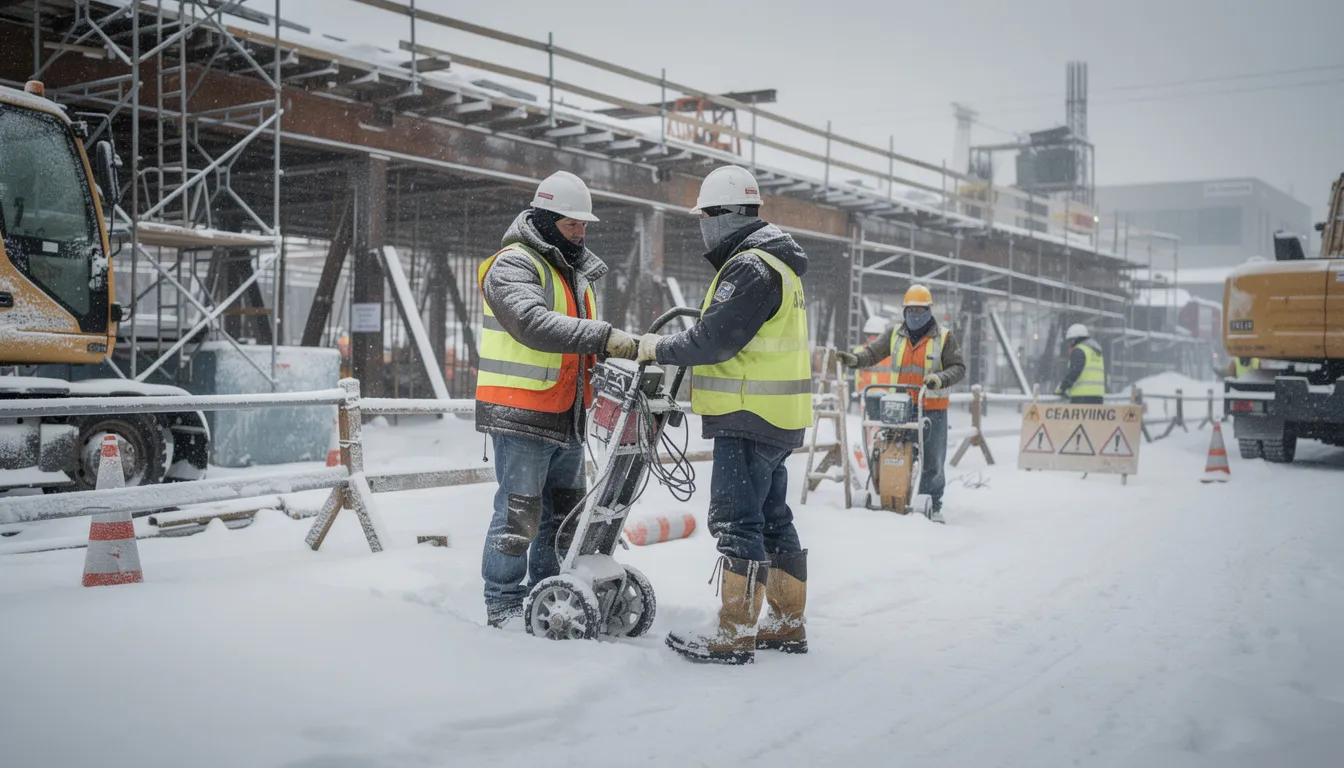 The image depicts a snowy construction site where workers are dressed warmly in layers of clothing, including insulated gloves and waterproof boots, to protect against the cold weather and prevent cold stress. The scene highlights the importance of winter construction safety as they navigate the icy conditions and maintain safety on the job site.