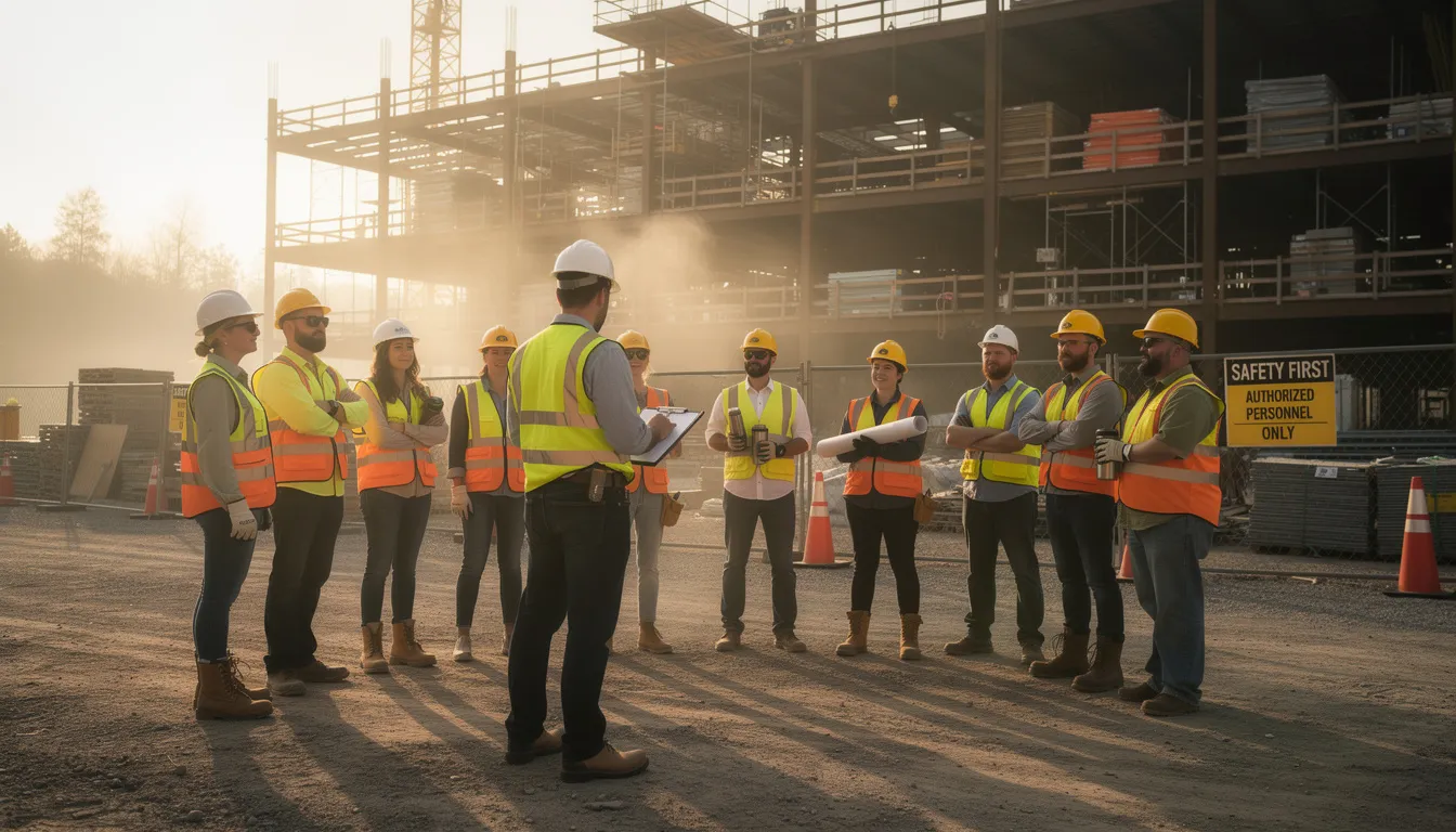 A diverse group of construction workers, including several women, gathers around a table at a job site for a morning safety meeting, emphasizing the importance of communication skills and improved safety records in the construction industry. This scene highlights the evolving workplace culture and opportunities for women in construction as they engage in discussions about project management and career growth.