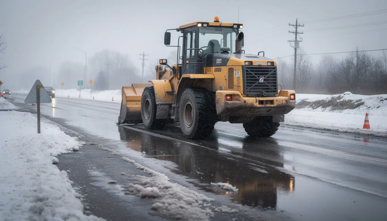 A construction vehicle is navigating a wet and icy road, highlighting the challenges of winter construction safety. The scene emphasizes the importance of proper preparation and personal protective equipment for construction workers in cold weather conditions to prevent slips and falls.