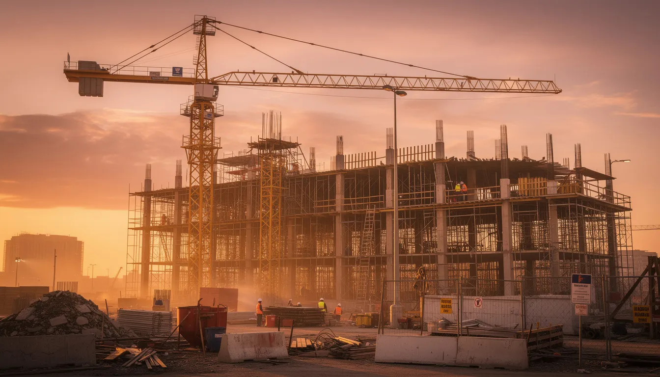 The image depicts an industrial construction site at sunset, featuring large cranes and extensive scaffolding, symbolizing the scale and complexity of large-scale infrastructure projects. This scene highlights the construction industry’s commitment to advanced construction methods and operational efficiency, showcasing a vibrant hub of activity characteristic of top construction companies.