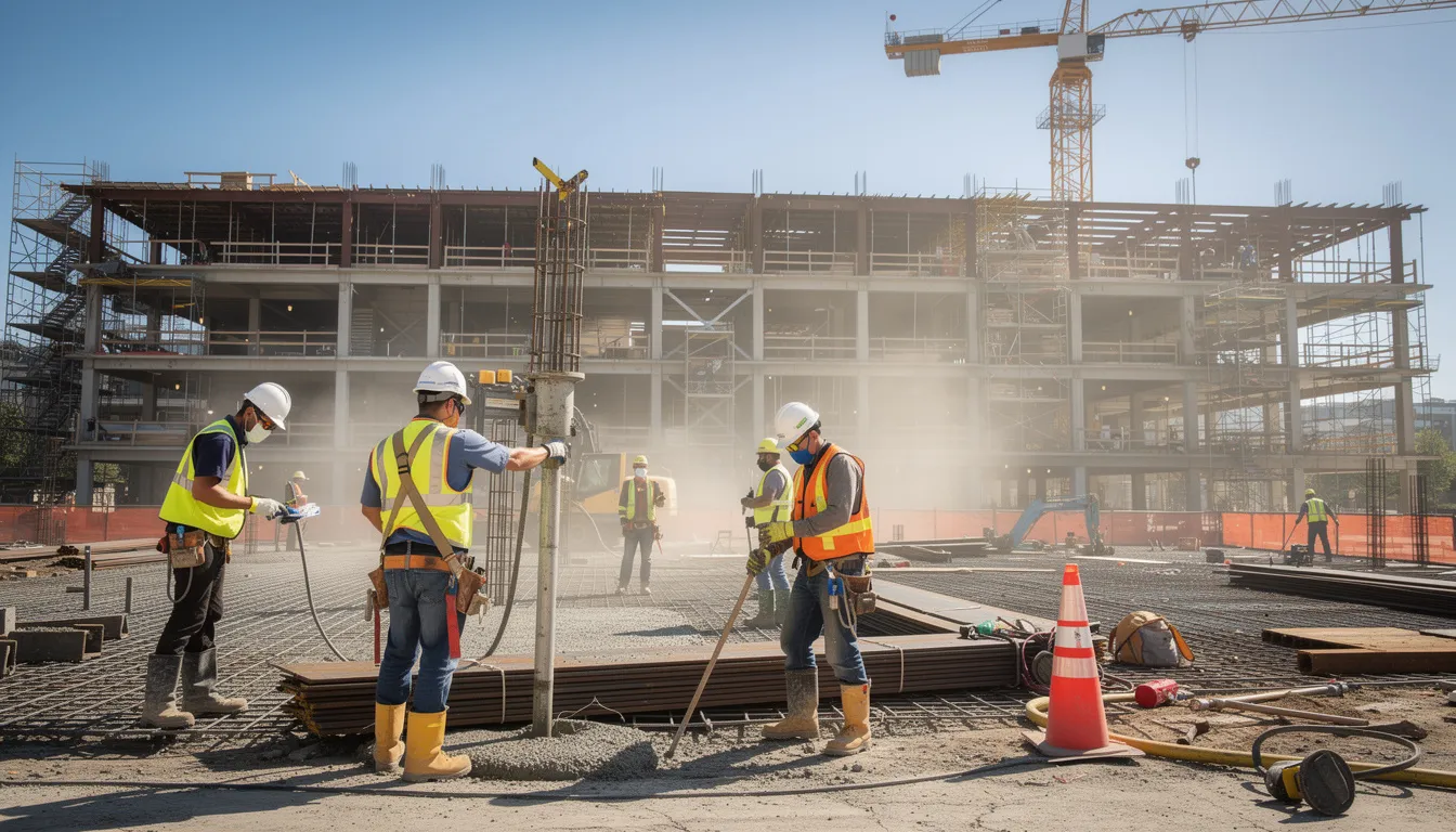 The image depicts construction workers on an active commercial building site, all wearing safety helmets and reflective vests, engaged in various tasks that highlight the construction industry's focus on operational efficiency and safety. This scene reflects the commitment of top construction companies to advanced construction methods and the successful execution of complex projects in the construction sector.
