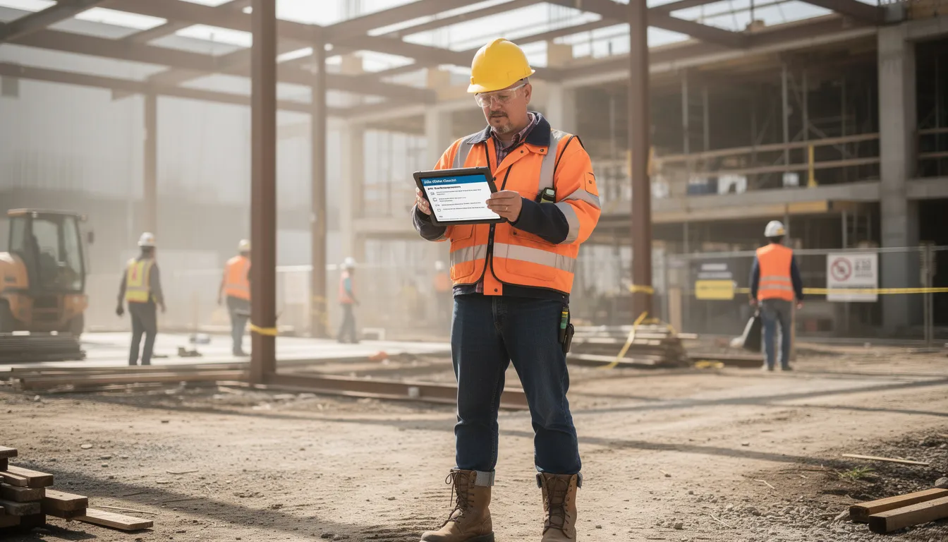 A construction supervisor stands on an active job site, intently reviewing safety documentation on a tablet device, emphasizing the importance of construction safety management and compliance with established safety protocols. This scene highlights the use of digital safety tools to enhance worker safety and ensure regulatory compliance in the construction industry.