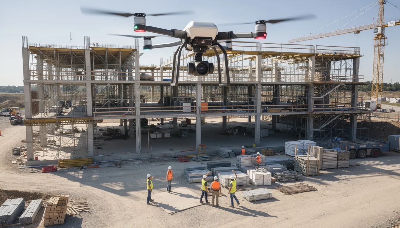 A drone is flying overhead, conducting an aerial inspection of a construction site where workers are visible below, demonstrating the use of digital safety tools to enhance construction safety management and ensure compliance with established safety protocols. This scene highlights the importance of proactive safety measures in the construction industry to protect worker health and improve overall safety performance.