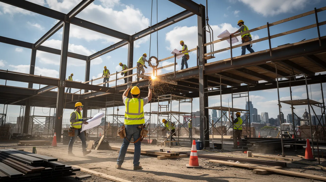 The image depicts a bustling construction site where multiple workers, all wearing hard hats and safety vests, are actively engaged in assembling a steel framework. This scene highlights the importance of effective leadership and management skills among frontline supervisors as they guide their teams in building a solid foundation for the project.