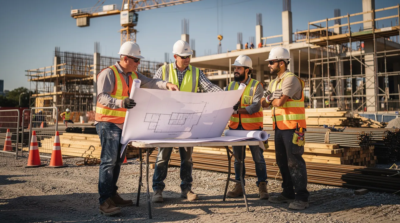 A construction supervisor is actively pointing at blueprints while discussing plans with crew members on a job site, demonstrating effective leadership and management skills essential for frontline supervisors. This interactive session emphasizes the importance of communication and collaboration among team leaders to achieve performance expectations and enhance project outcomes.