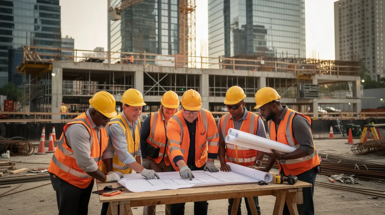 A group of construction workers, all wearing hard hats and high-visibility safety vests, are gathered at an active urban job site, intently reviewing plans to ensure compliance with safety management practices. This scene emphasizes the importance of safety protocols and risk assessment in the construction industry to protect workers and create safer work environments.