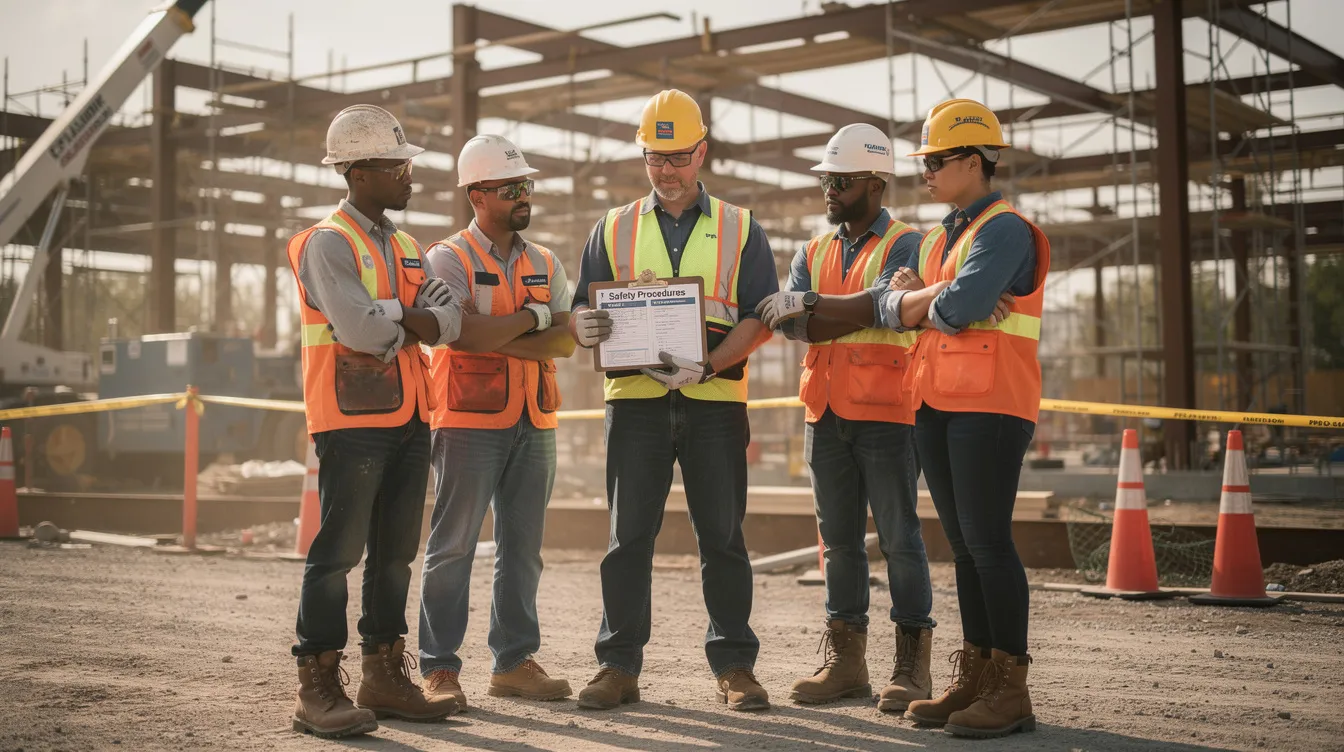 A construction supervisor is reviewing safety materials with a small crew on a job site, emphasizing the importance of workplace safety and addressing mental health concerns among construction workers. This discussion highlights the need for mental health resources and training to support worker well-being in the physically demanding construction industry.