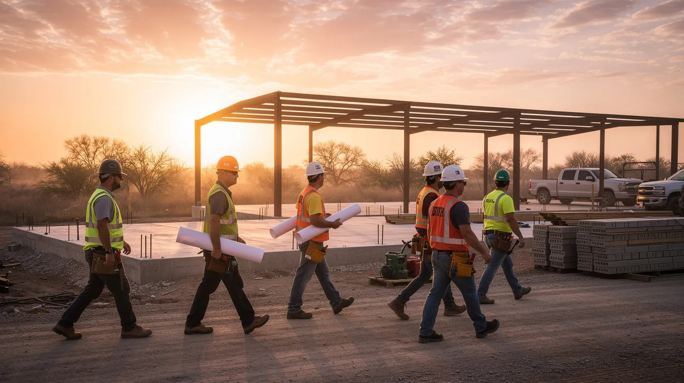 A group of construction workers is walking across a job site in Central Texas at sunrise, highlighting the physically demanding nature of their work. This image reflects the importance of addressing mental health concerns within the construction industry, emphasizing the need for mental health resources and support for worker well-being.