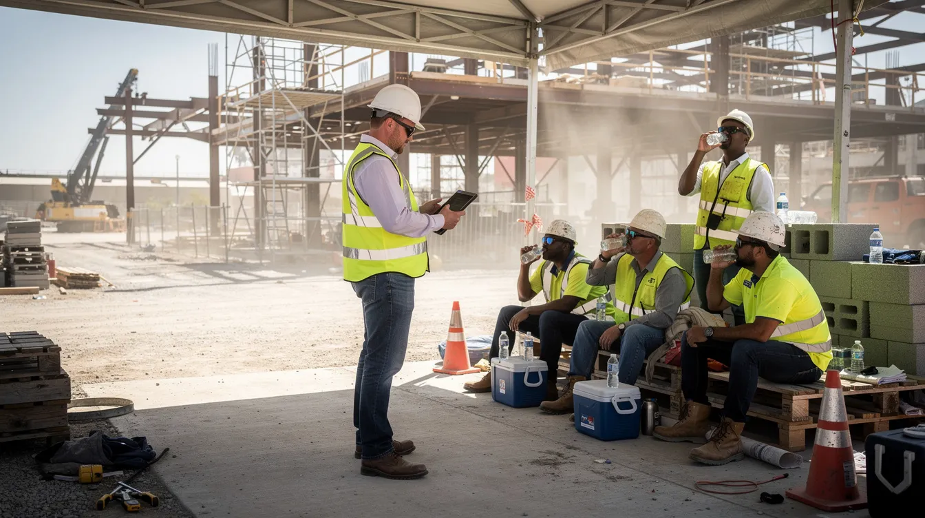 A construction supervisor is observing workers taking a break in a shaded area, emphasizing the importance of heat stress safety and rest breaks to prevent heat-related illnesses in hot environments. The scene highlights the need for protective clothing and hydration to protect workers from heat exhaustion and heat stroke during construction projects.