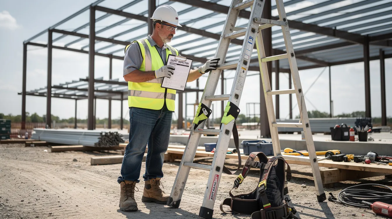 A worker is inspecting a ladder and safety harness at a construction site, emphasizing the importance of occupational safety and preventing workplace injuries. This scene highlights the need for continuous improvement in safety practices to protect workers and save lives.