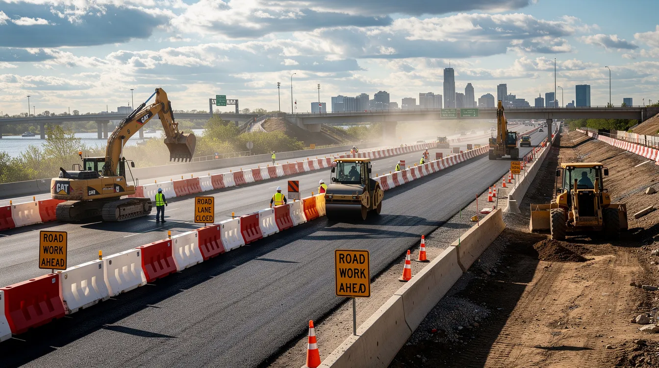 The image depicts a highway construction project featuring heavy equipment such as excavators and bulldozers, along with concrete barriers lining the site. This scene reflects the construction industry’s ongoing efforts to manage material costs and navigate supply chain disruptions while building essential infrastructure.