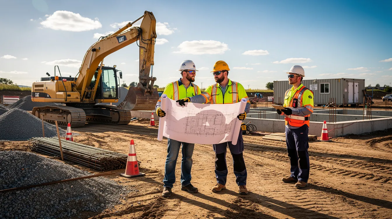 A group of construction workers is gathered at a sunny job site, intently reviewing plans next to heavy equipment. This scene emphasizes the importance of occupational safety and health, highlighting the need for awareness and safety engagement to prevent workplace injuries.