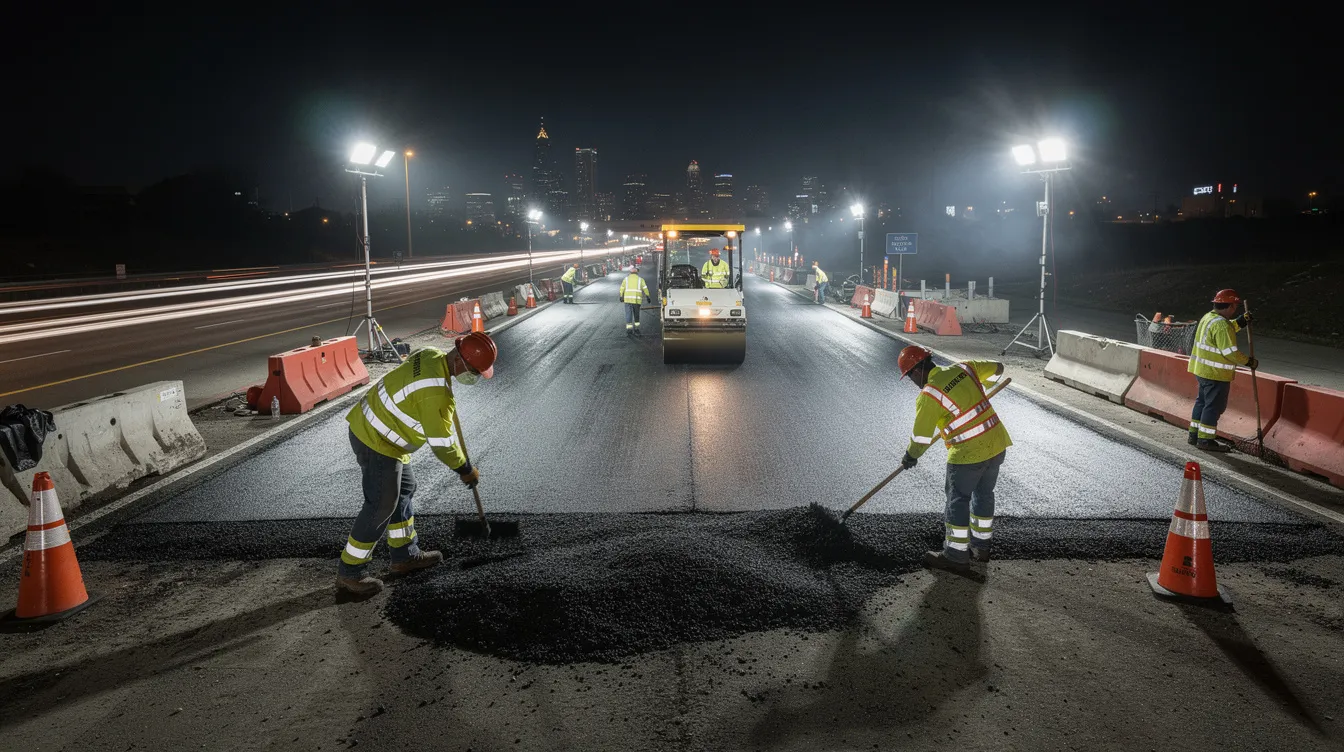 The image shows highway construction workers actively engaged in their tasks under bright lights at night, highlighting the physical movements and teamwork involved in their work. This scene reflects the importance of somatic awareness in ensuring safety and efficiency during nighttime operations.