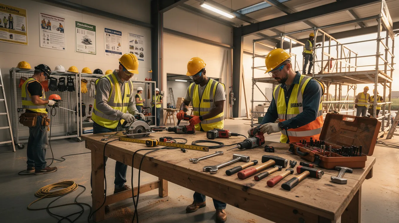 A group of construction workers is gathered at a training facility, preparing their tools for hands-on training aimed at enhancing their skills and work experience. This setting emphasizes workforce innovation and the importance of education and development for job seekers looking to access employment opportunities in the construction industry.