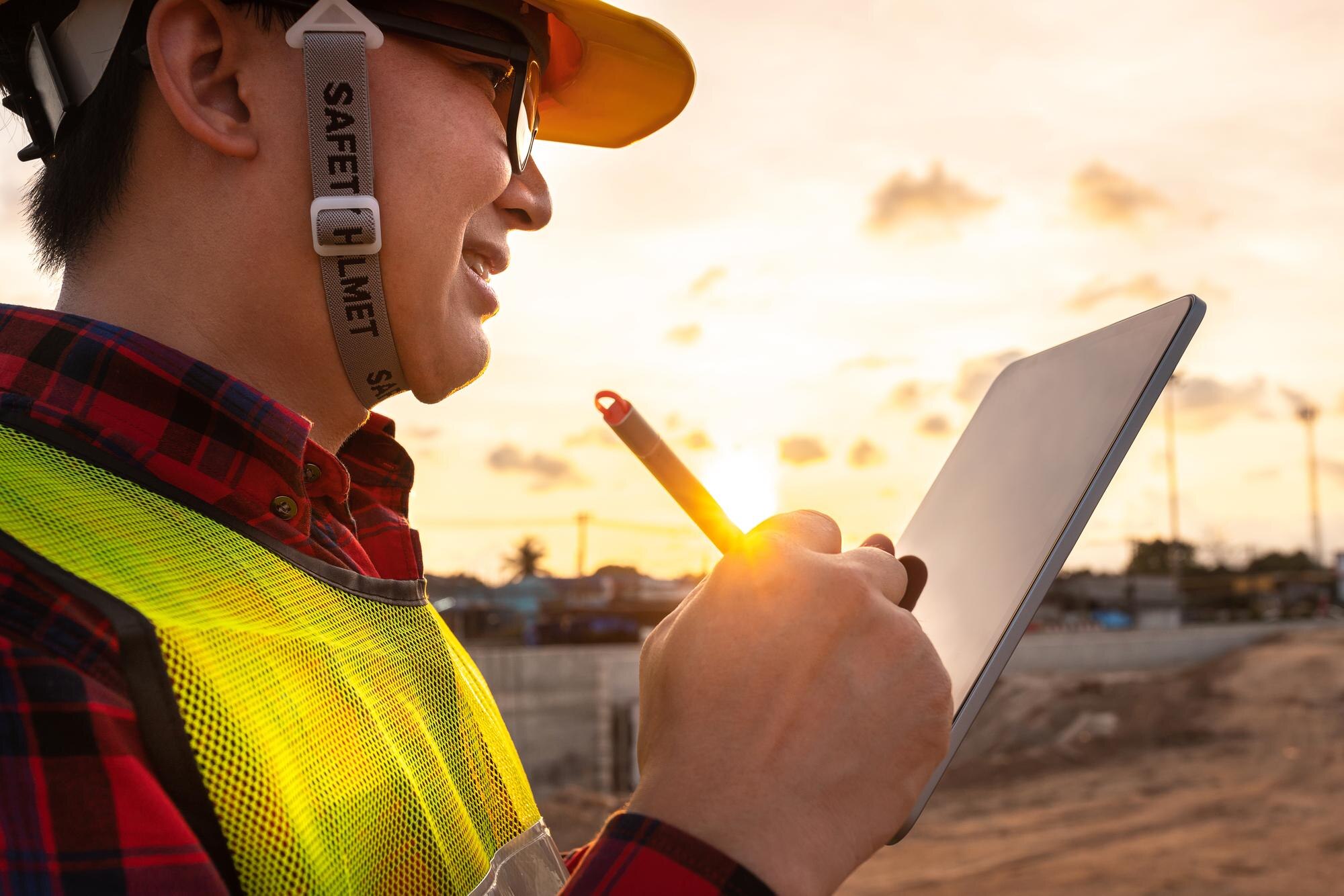 Asian technician civil engineer work on blueprint in tablet with smart pen technology construction