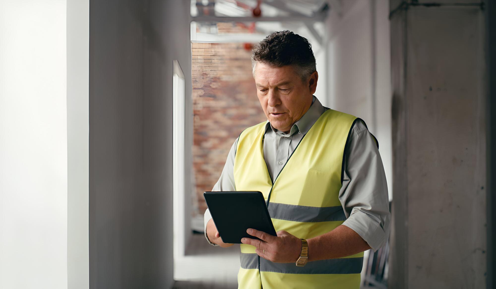 a man in a yellow vest is holding a tablet